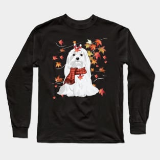 Maple Dog Leaf Fall Hello Autumn Funny Maltese Lover Long Sleeve T-Shirt